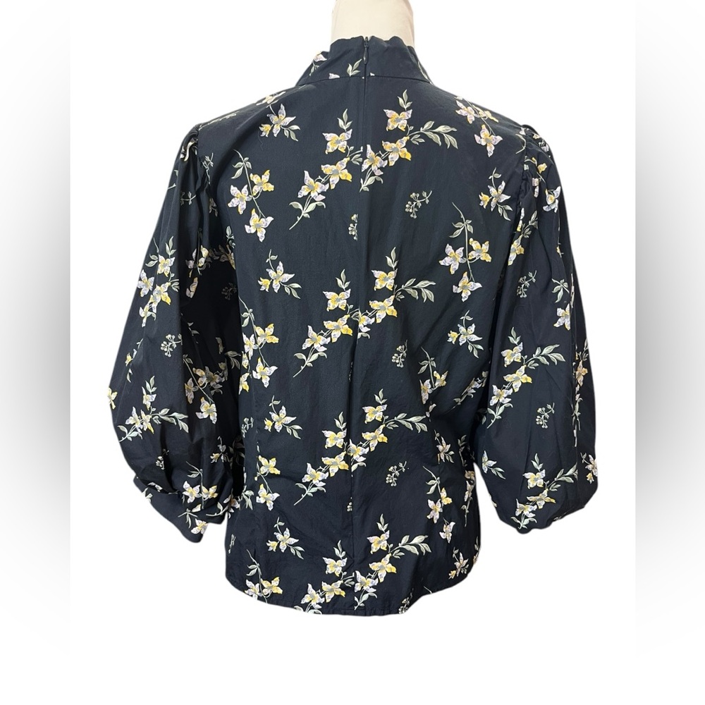 Levi’s Navy Floral Puff Sleeve Blouse XL High Neck Cotton Back Zip Top - Picture 4 of 11